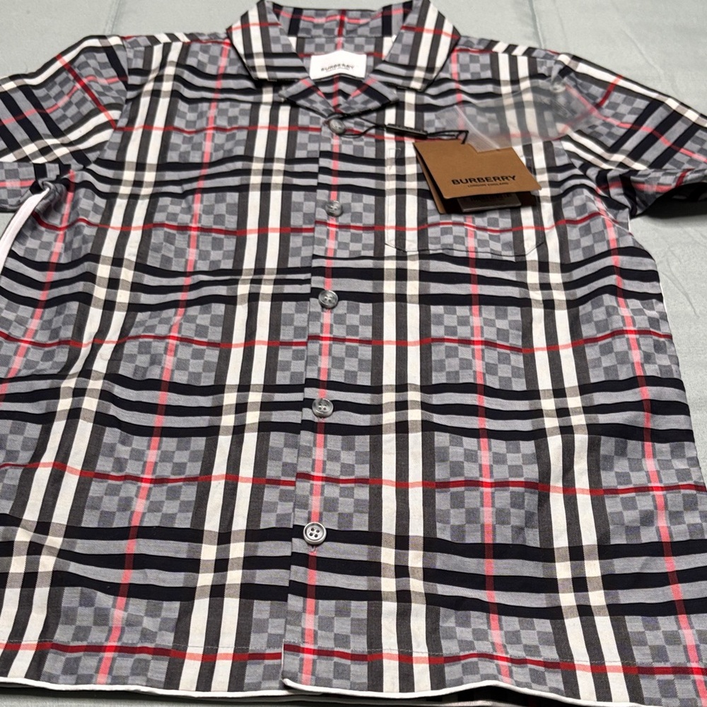 Burberry Check Short-Sleeve Button-Down Shirt in Gray, Black & Red